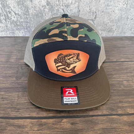 USA Bass Flag Leather Patch Hat – Richardson 168 Flat Bill Snapback – Patriotic Fishing Cap - Patch Palooza
