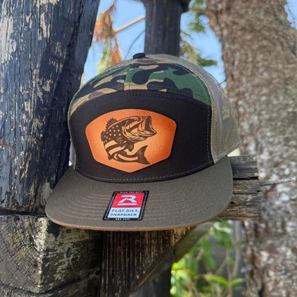 USA Bass Flag Leather Patch Hat – Richardson 168 Flat Bill Snapback – Patriotic Fishing Cap - Patch Palooza