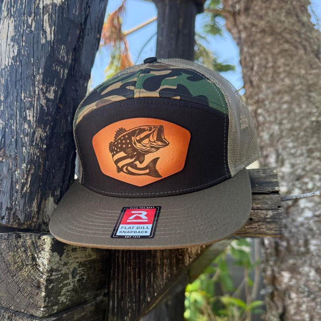 USA Bass Flag Leather Patch Hat β Richardson 168 Flat Bill Snapback β Patriotic Fishing Cap - Patch Palooza
