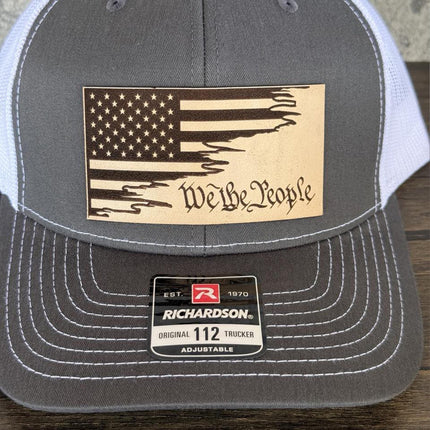 We the People Hat, Leather Patch American Flag Hat, Richardson 112 Trucker Cap, Patriotic Hat for Men, USA Gift - Patch Palooza