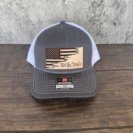 We the People Hat, Leather Patch American Flag Hat, Richardson 112 Trucker Cap, Patriotic Hat for Men, USA Gift - Patch Palooza