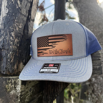 We the People Hat, Leather Patch American Flag Hat, Richardson 112 Trucker Cap, Patriotic Hat for Men, USA Gift - Patch Palooza