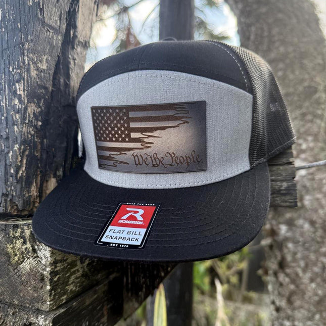 We the People Hat, Leather Patch American Flag Hat, Richardson 168 Flat Bill Snapback, Patriotic Hat for Men, USA Gift - Patch Palooza