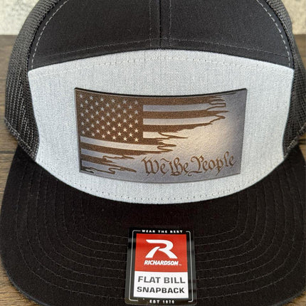 We the People Hat, Leather Patch American Flag Hat, Richardson 168 Flat Bill Snapback, Patriotic Hat for Men, USA Gift - Patch Palooza