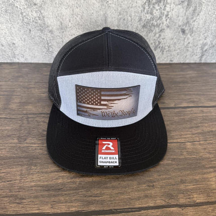 We the People Hat, Leather Patch American Flag Hat, Richardson 168 Flat Bill Snapback, Patriotic Hat for Men, USA Gift - Patch Palooza