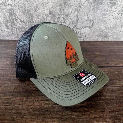 WoodHide© Arrow Bear Hat – Richardson 112 Trucker Cap with Leather & Wood Patch - Patch Palooza