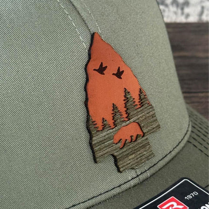 WoodHide© Arrow Bear Hat – Richardson 112 Trucker Cap with Leather & Wood Patch - Patch Palooza