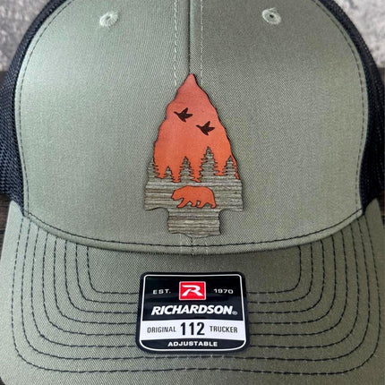WoodHide© Arrow Bear Hat – Richardson 112 Trucker Cap with Leather & Wood Patch - Patch Palooza