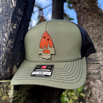 WoodHide© Arrow Bear Hat – Richardson 112 Trucker Cap with Leather & Wood Patch - Patch Palooza