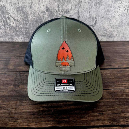 WoodHide© Arrow Bear Hat – Richardson 112 Trucker Cap with Leather & Wood Patch - Patch Palooza