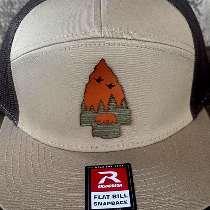 WoodHide© Arrow Bear Hat – Richardson 168 Trucker Cap with Leather & Wood Patch - Patch Palooza
