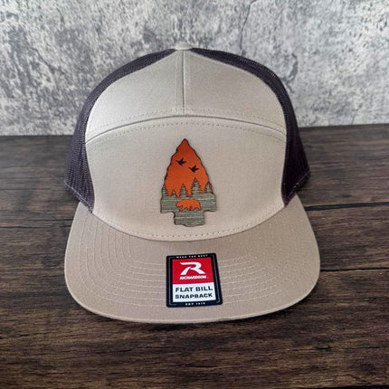 WoodHide© Arrow Bear Hat – Richardson 168 Trucker Cap with Leather & Wood Patch - Patch Palooza