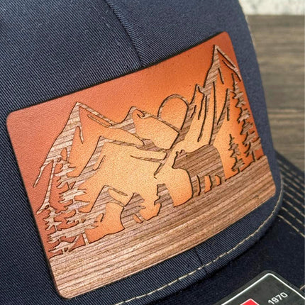 WoodHide© Bear and Cubs Hat – Richardson 112 Trucker Cap with Sunburst Leather & Wood Patch - Patch Palooza