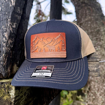WoodHide© Bear and Cubs Hat – Richardson 112 Trucker Cap with Sunburst Leather & Wood Patch - Patch Palooza