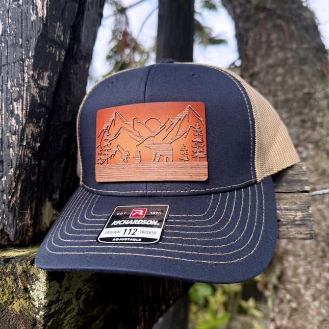 WoodHide© Bear and Cubs Hat – Richardson 112 Trucker Cap with Sunburst Leather & Wood Patch - Patch Palooza