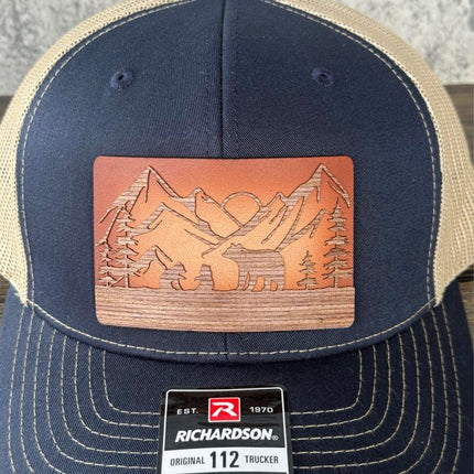 WoodHide© Bear and Cubs Hat – Richardson 112 Trucker Cap with Sunburst Leather & Wood Patch - Patch Palooza