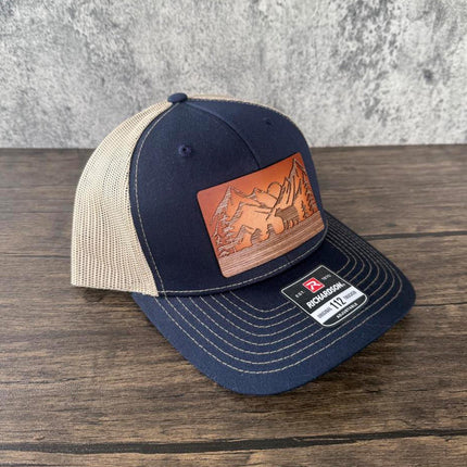 WoodHide© Bear and Cubs Hat – Richardson 112 Trucker Cap with Sunburst Leather & Wood Patch - Patch Palooza