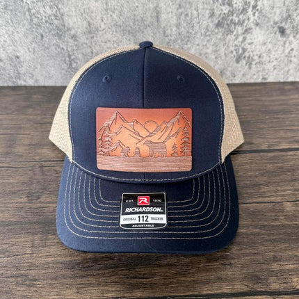 WoodHide© Bear and Cubs Hat – Richardson 112 Trucker Cap with Sunburst Leather & Wood Patch - Patch Palooza