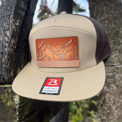WoodHide© Bear and Cubs Hat – Richardson 168 Trucker Cap with Sunburst Leather & Wood Patch - Patch Palooza