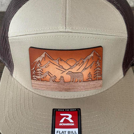 WoodHide© Bear and Cubs Hat – Richardson 168 Trucker Cap with Sunburst Leather & Wood Patch - Patch Palooza