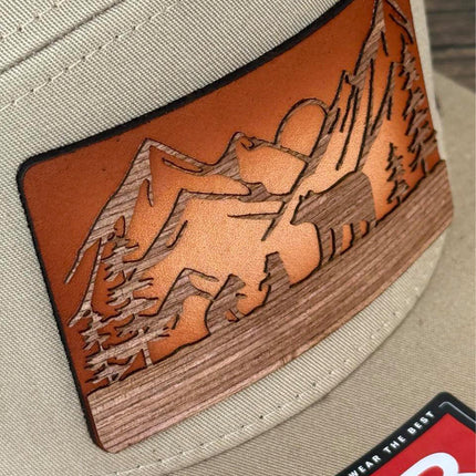 WoodHide© Bear and Cubs Hat – Richardson 168 Trucker Cap with Sunburst Leather & Wood Patch - Patch Palooza