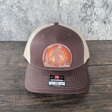 WoodHide© Bigfoot Forest Hat – Richardson 112 Trucker Cap with Sunburst Leather & Wood Patch - Patch Palooza