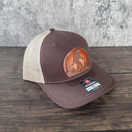 WoodHide© Bigfoot Forest Hat – Richardson 112 Trucker Cap with Sunburst Leather & Wood Patch - Patch Palooza