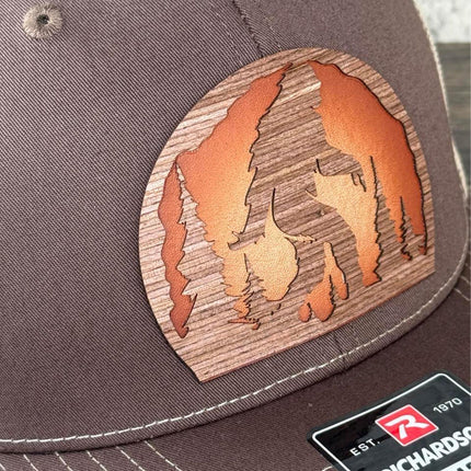 WoodHide© Bigfoot Forest Hat – Richardson 112 Trucker Cap with Sunburst Leather & Wood Patch - Patch Palooza