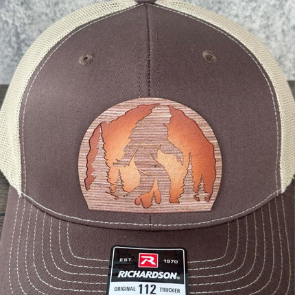 WoodHide© Bigfoot Forest Hat – Richardson 112 Trucker Cap with Sunburst Leather & Wood Patch - Patch Palooza