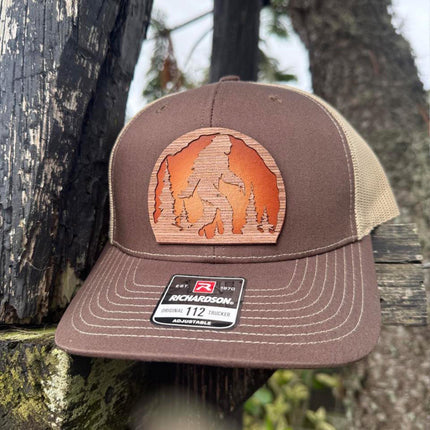 WoodHide© Bigfoot Forest Hat – Richardson 112 Trucker Cap with Sunburst Leather & Wood Patch - Patch Palooza
