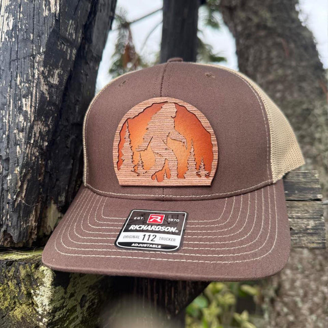 WoodHide© Bigfoot Forest Hat – Richardson 112 Trucker Cap with Sunburst Leather & Wood Patch - Patch Palooza