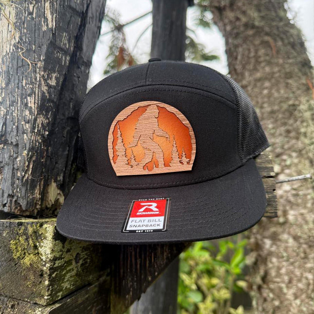 WoodHide© Bigfoot Forest Hat – Richardson 168 Trucker Cap with Sunburst Leather & Wood Patch - Patch Palooza