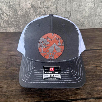 WoodHide© Campsite Patch Hat – Richardson 112 Trucker Cap with Leather & Wood Design - Patch Palooza