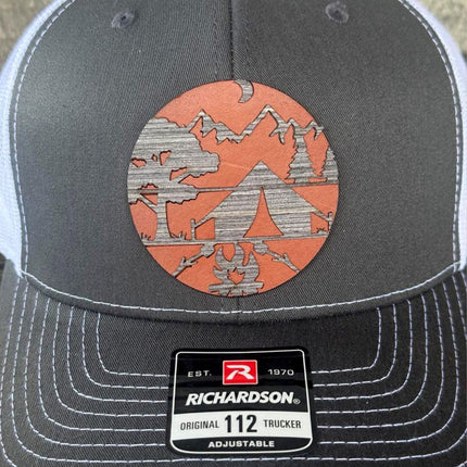 WoodHide© Campsite Patch Hat – Richardson 112 Trucker Cap with Leather & Wood Design - Patch Palooza