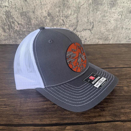 WoodHide© Campsite Patch Hat – Richardson 112 Trucker Cap with Leather & Wood Design - Patch Palooza