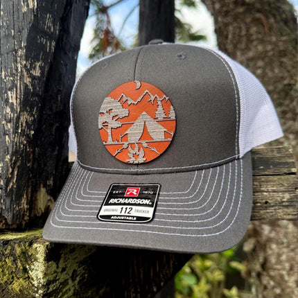 WoodHide© Campsite Patch Hat – Richardson 112 Trucker Cap with Leather & Wood Design - Patch Palooza