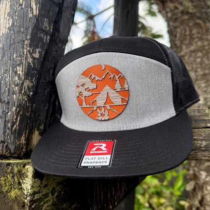 WoodHide© Campsite Patch Hat – Richardson 168 Trucker Cap with Leather & Wood Design - Patch Palooza