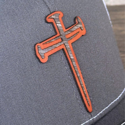WoodHide© Crossed Nails Hat – Richardson 112 Trucker Cap with Leather & Wood Cross Patch - Patch Palooza