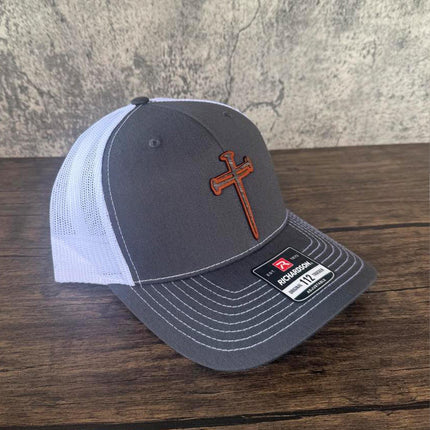 WoodHide© Crossed Nails Hat – Richardson 112 Trucker Cap with Leather & Wood Cross Patch - Patch Palooza