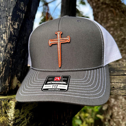 WoodHide© Crossed Nails Hat – Richardson 112 Trucker Cap with Leather & Wood Cross Patch - Patch Palooza