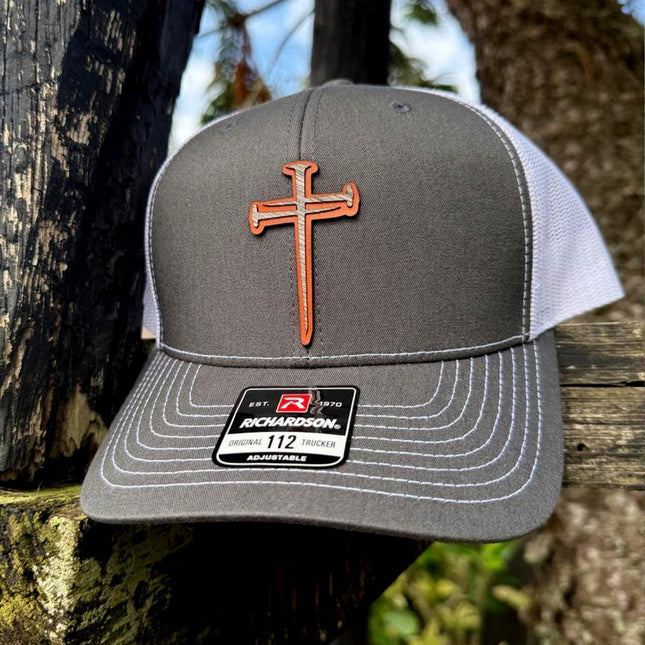 WoodHide© Crossed Nails Hat – Richardson 112 Trucker Cap with Leather & Wood Cross Patch - Patch Palooza