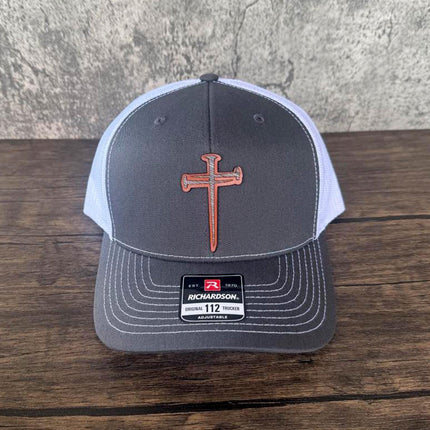 WoodHide© Crossed Nails Hat – Richardson 112 Trucker Cap with Leather & Wood Cross Patch - Patch Palooza