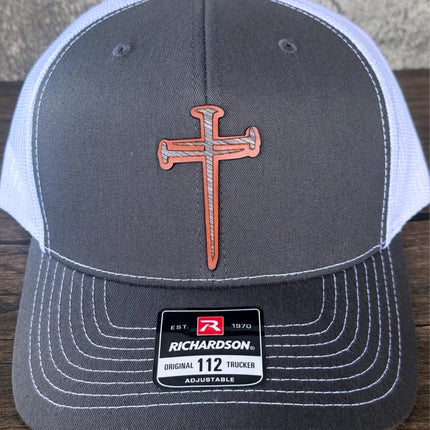 WoodHide© Crossed Nails Hat – Richardson 112 Trucker Cap with Leather & Wood Cross Patch - Patch Palooza
