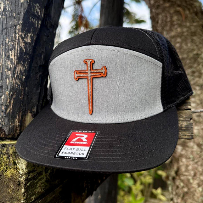 WoodHide© Crossed Nails Hat – Richardson 168 Trucker Cap with Leather & Wood Cross Patch - Patch Palooza
