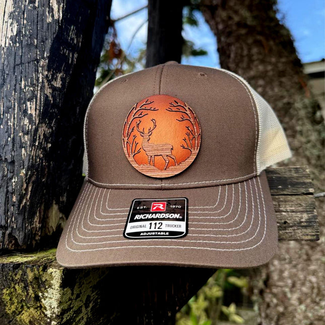 WoodHide© Deer Silhouette Hat – Richardson 112 Trucker Cap with Sunburst Leather & Wood - Patch Palooza
