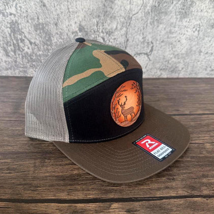WoodHide© Deer Silhouette Hat – Richardson 168 Trucker Cap with Sunburst Leather & Wood - Patch Palooza