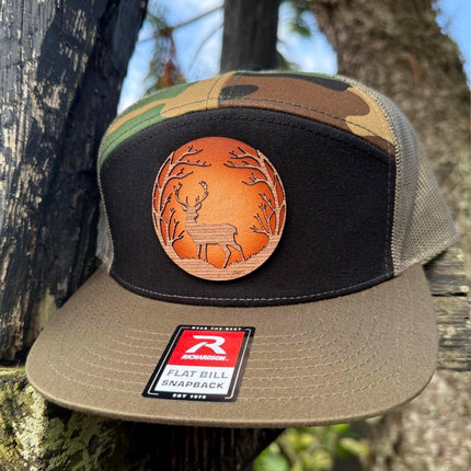 WoodHide© Deer Silhouette Hat – Richardson 168 Trucker Cap with Sunburst Leather & Wood - Patch Palooza