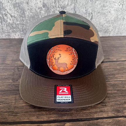 WoodHide© Deer Silhouette Hat – Richardson 168 Trucker Cap with Sunburst Leather & Wood - Patch Palooza