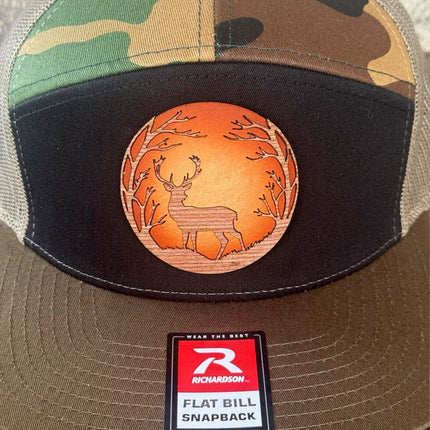 WoodHide© Deer Silhouette Hat – Richardson 168 Trucker Cap with Sunburst Leather & Wood - Patch Palooza