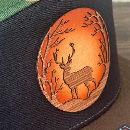 WoodHide© Deer Silhouette Hat – Richardson 168 Trucker Cap with Sunburst Leather & Wood - Patch Palooza
